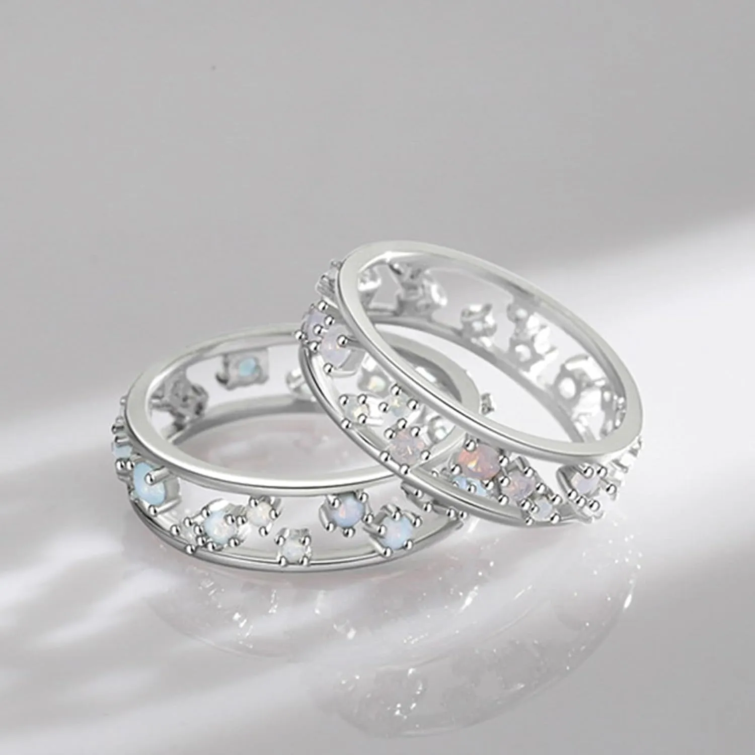 Aienid Engagement Rings Women Ladies Wedding Bands White Gold 9K Au375/Au585 Size Pink Round-Shape Opal Stackable