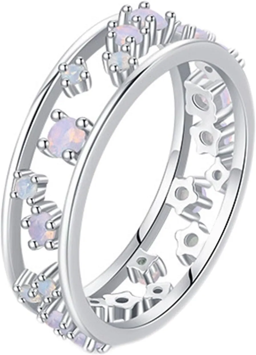 Aienid Engagement Rings Women Ladies Wedding Bands White Gold 9K Au375/Au585 Size Pink Round-Shape Opal Stackable
