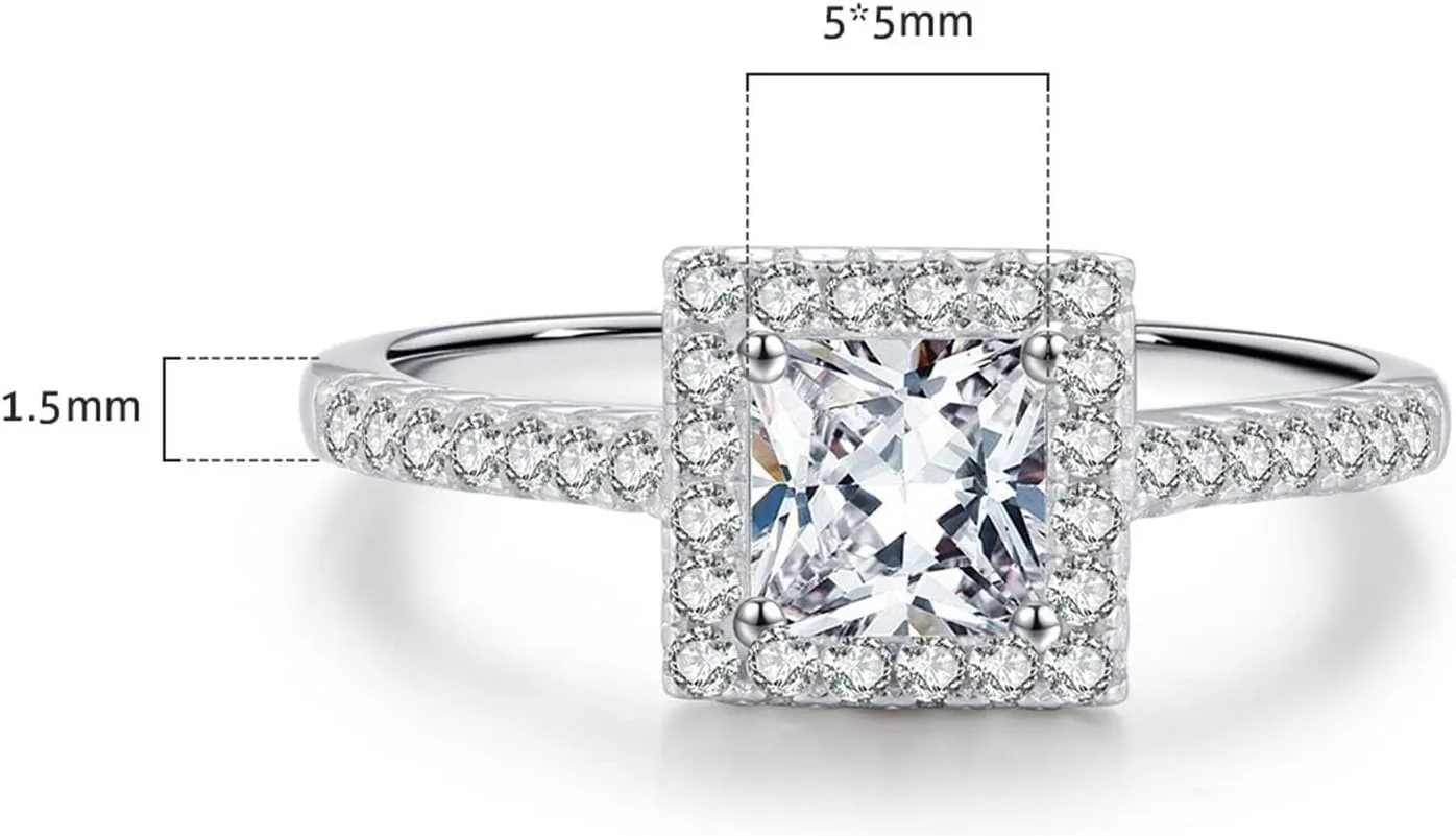 Aienid Promise Rings 5.5 Ladies Wedding Bands White Gold 9K Au375/Au585 Square-Shape 5X5mm Moissanite Stackable for Women Wedding