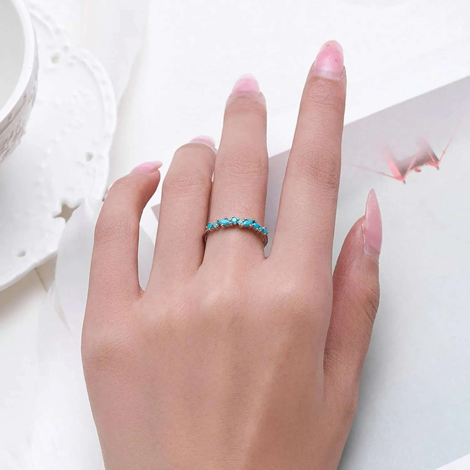 Aienid Simple Engagement Rings Plain White Gold Wedding Bands for Women 9/14K Au375/Au585 Size Blue Marquise-Shape Turquoise Stackable