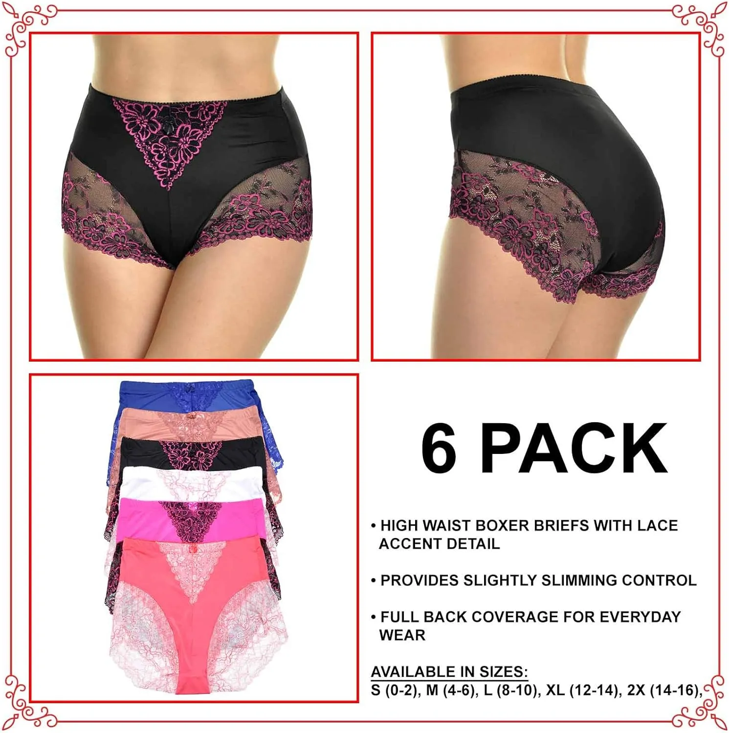 Angelina Women's High Waist Boxer Briefs with Lace Accent Detail