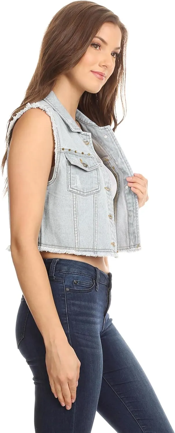 Anna-Kaci Women's Cropped Denim Vest Sleeveless Cotton Rivet Fitted Jean Vest Jacket