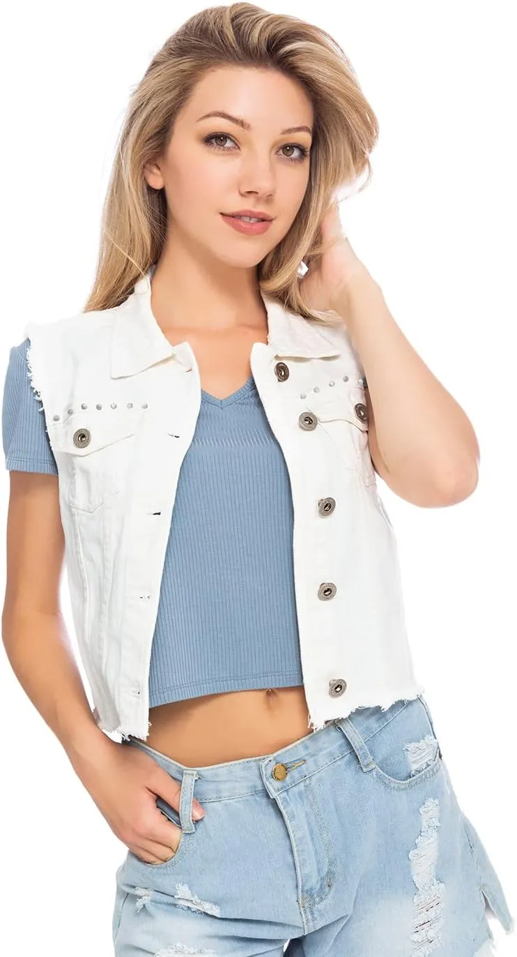 Anna-Kaci Women's Cropped Denim Vest Sleeveless Cotton Rivet Fitted Jean Vest Jacket