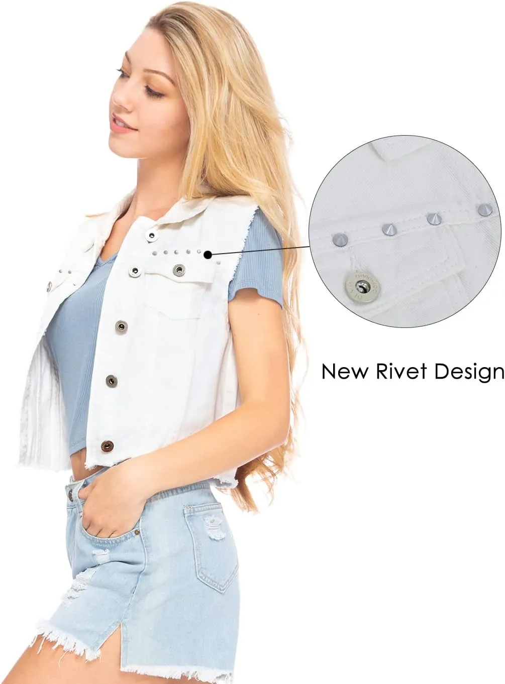 Anna-Kaci Women's Cropped Denim Vest Sleeveless Cotton Rivet Fitted Jean Vest Jacket
