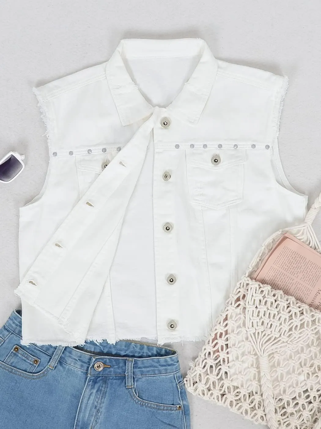 Anna-Kaci Women's Cropped Denim Vest Sleeveless Cotton Rivet Fitted Jean Vest Jacket