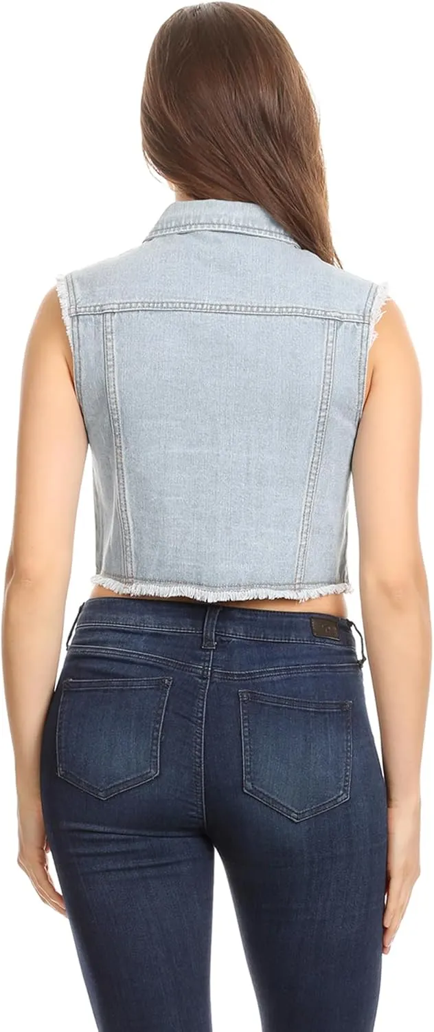 Anna-Kaci Women's Cropped Denim Vest Sleeveless Cotton Rivet Fitted Jean Vest Jacket