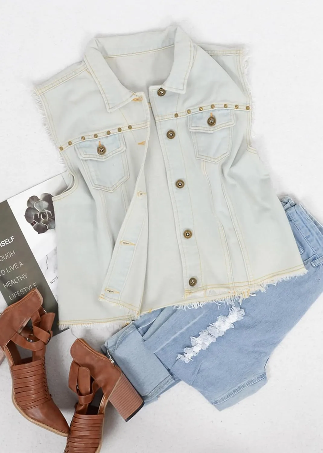 Anna-Kaci Women's Cropped Denim Vest Sleeveless Cotton Rivet Fitted Jean Vest Jacket