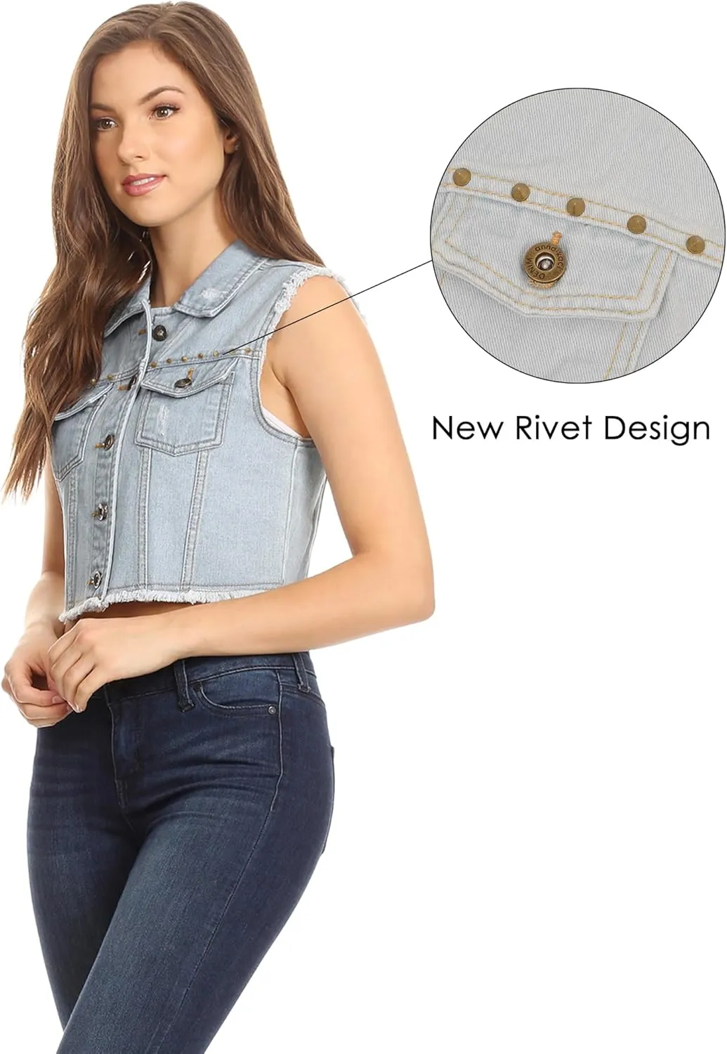 Anna-Kaci Women's Cropped Denim Vest Sleeveless Cotton Rivet Fitted Jean Vest Jacket