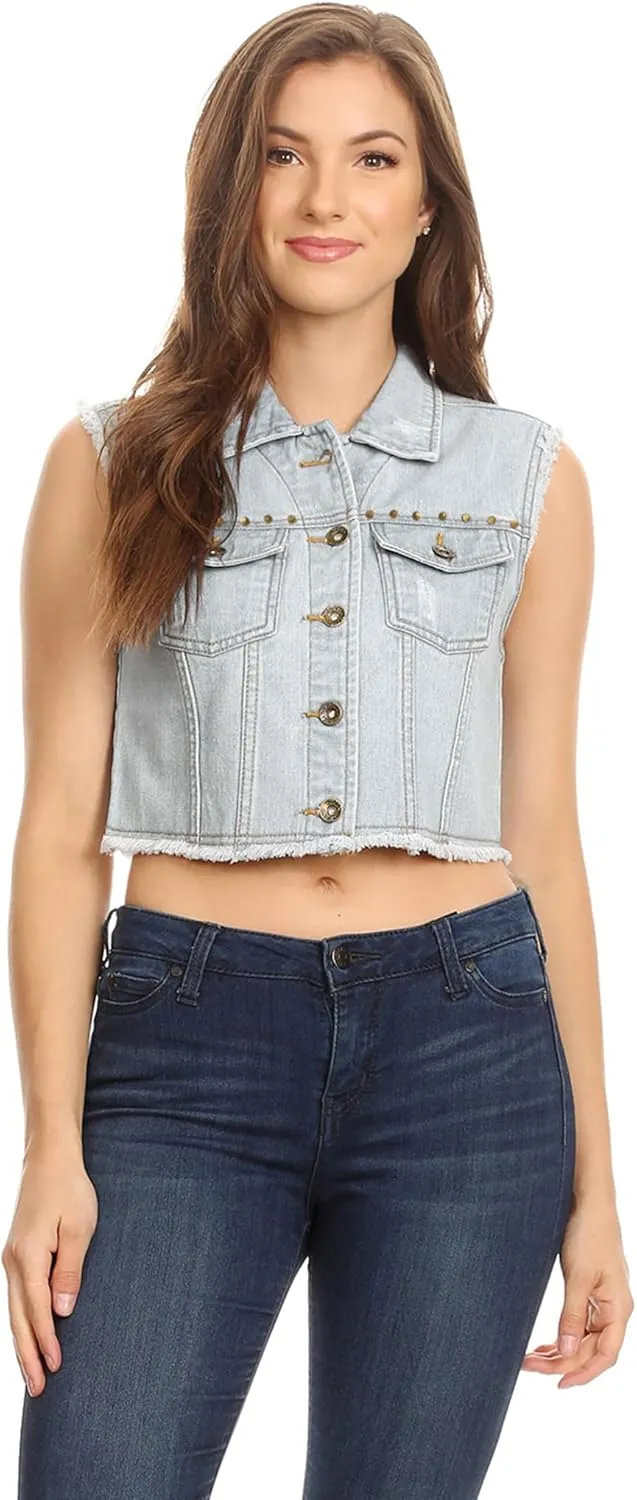 Anna-Kaci Women's Cropped Denim Vest Sleeveless Cotton Rivet Fitted Jean Vest Jacket