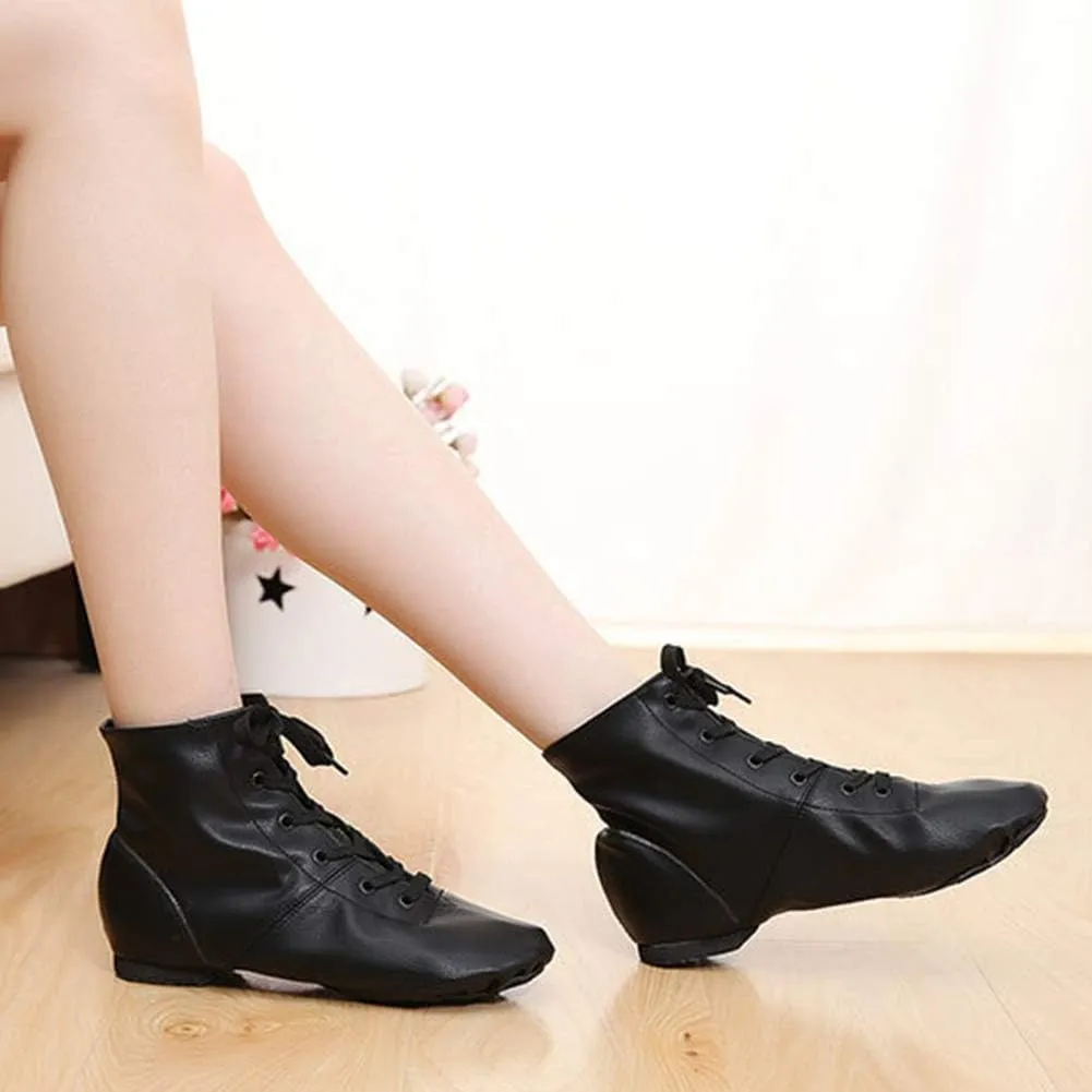 AOQUNFS Women Lace up Jazz Boots Split Sole Black Ankle Dance Sneakers for Men Adult,Model GBJS-PU