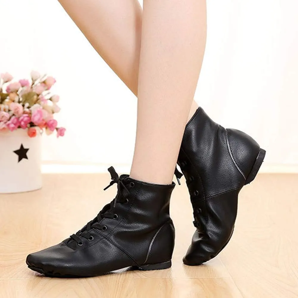 AOQUNFS Women Lace up Jazz Boots Split Sole Black Ankle Dance Sneakers for Men Adult,Model GBJS-PU