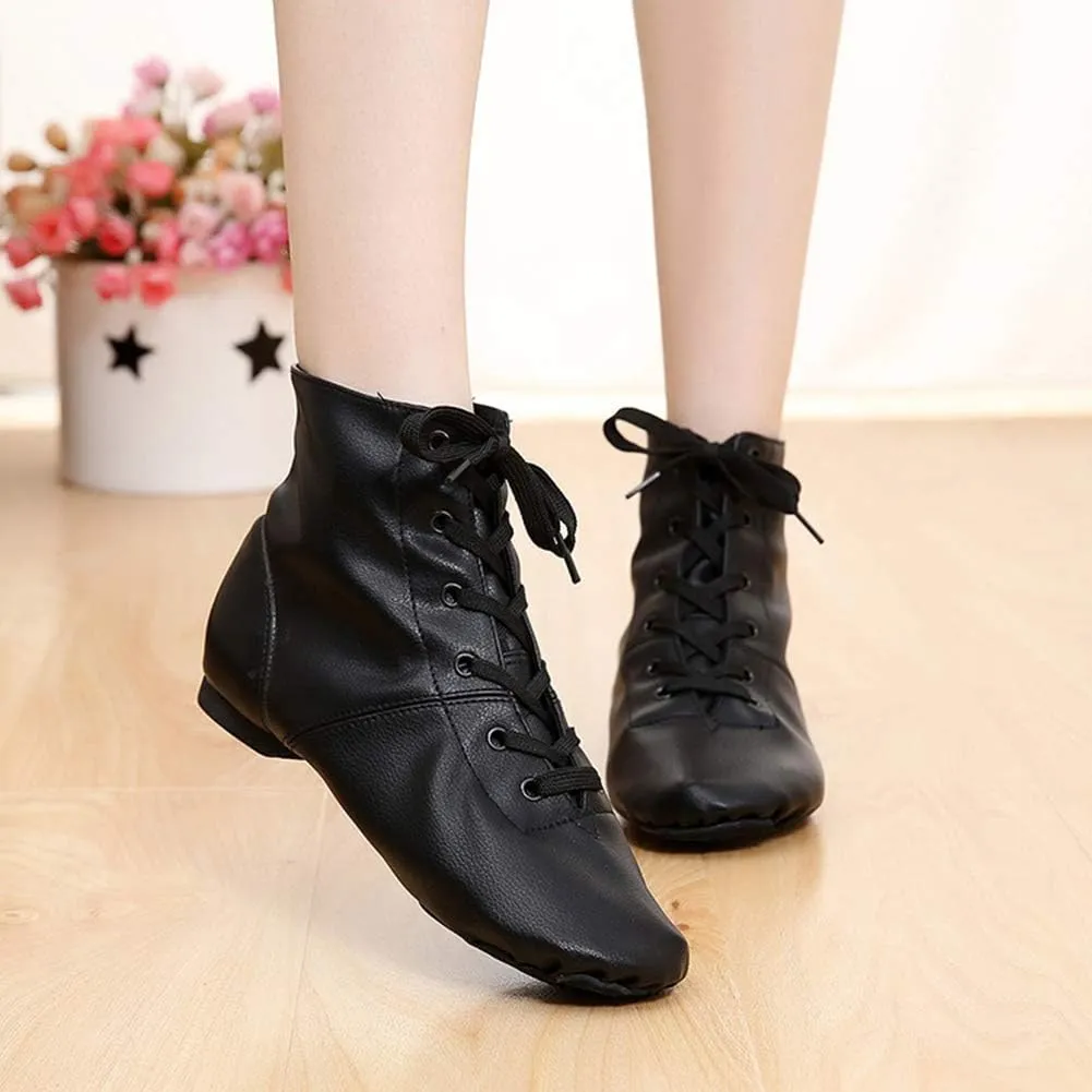 AOQUNFS Women Lace up Jazz Boots Split Sole Black Ankle Dance Sneakers for Men Adult,Model GBJS-PU
