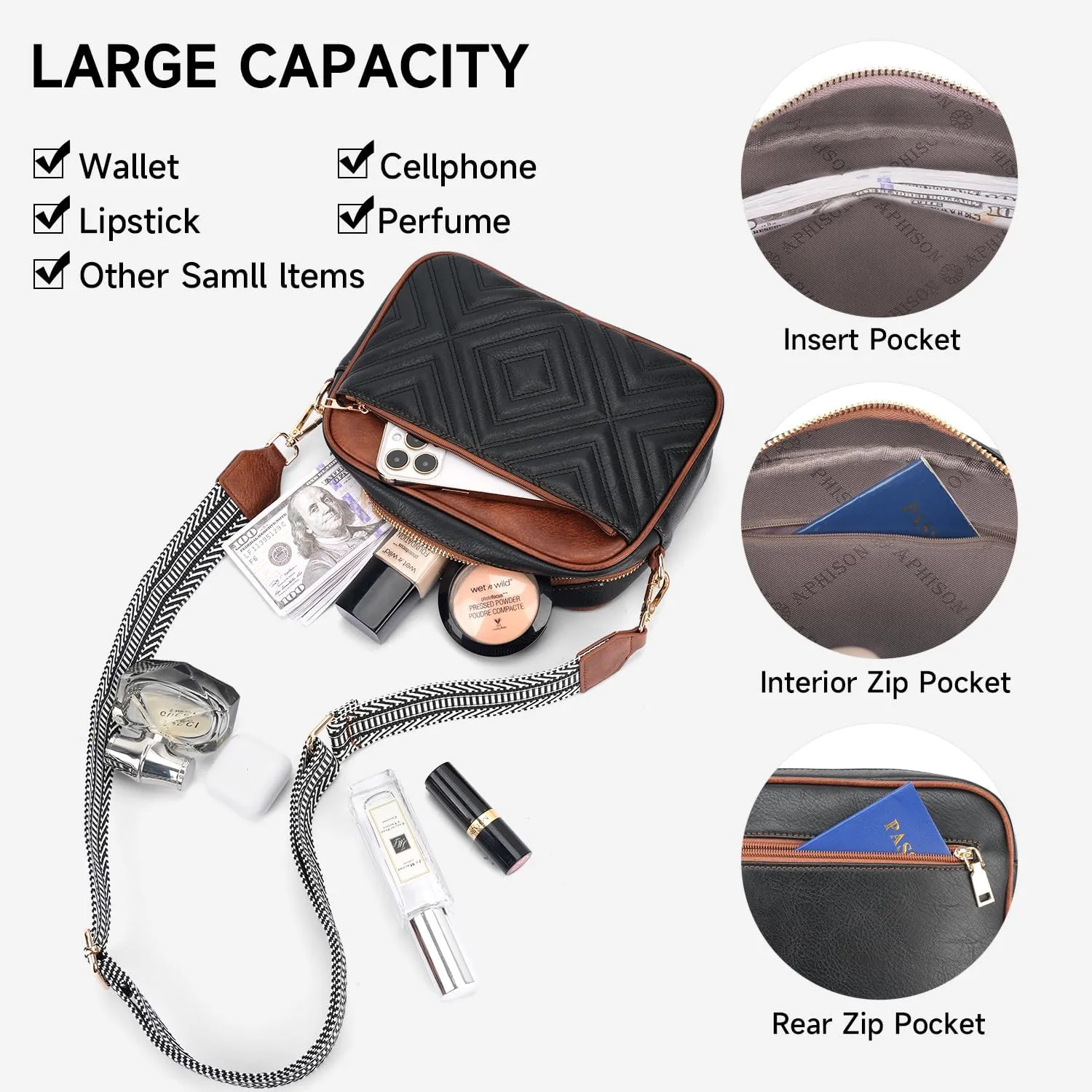 APHISON Quilted Crossbody Bags for Women Trendy,Vegan Leather Small Purses Shoulder Handbags with Adjustable Wide Strap