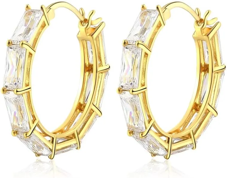 Baguette Gem Hoops - Cubic Zirconia Hypoallergenic Earrings, 18k Gold Filled, Statement Earrings, Hoop Earrings, Gold Earrings, Tarnish Free, Lead & Cadmium Free