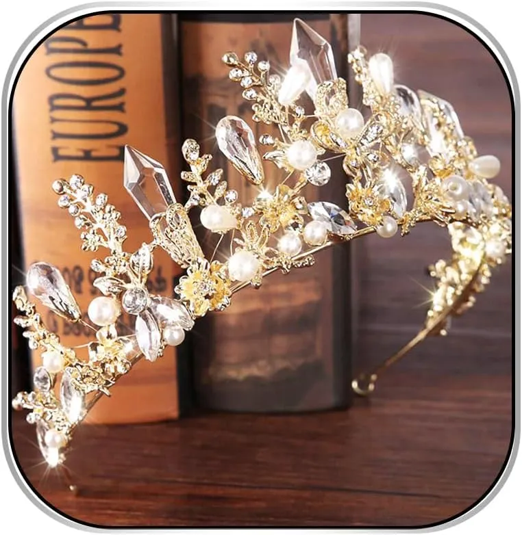 Baroque Crowns and Tiaras Gold Crystal Wedding Queen Crowns Bride Pearl Rhinestone Princess Crown for Women and Girls