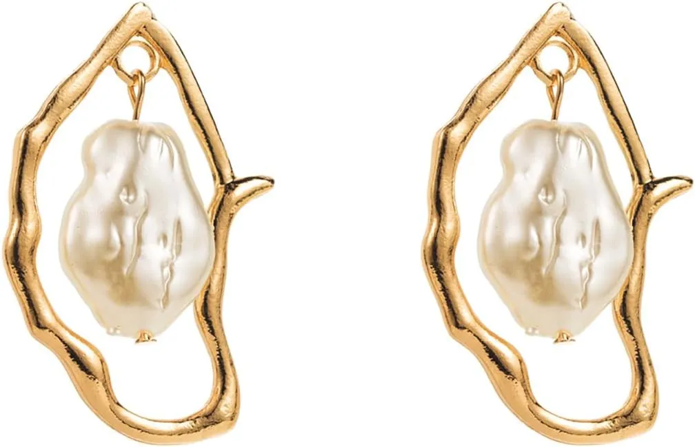 Baroque Pearl Dangle Earrings for Women,Trendy Gold Irregular Drop Stud Earrings,Retro Exaggerated Silver Hypoallergenic Earring