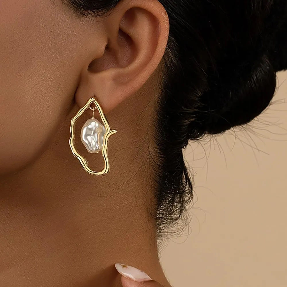 Baroque Pearl Dangle Earrings for Women,Trendy Gold Irregular Drop Stud Earrings,Retro Exaggerated Silver Hypoallergenic Earring