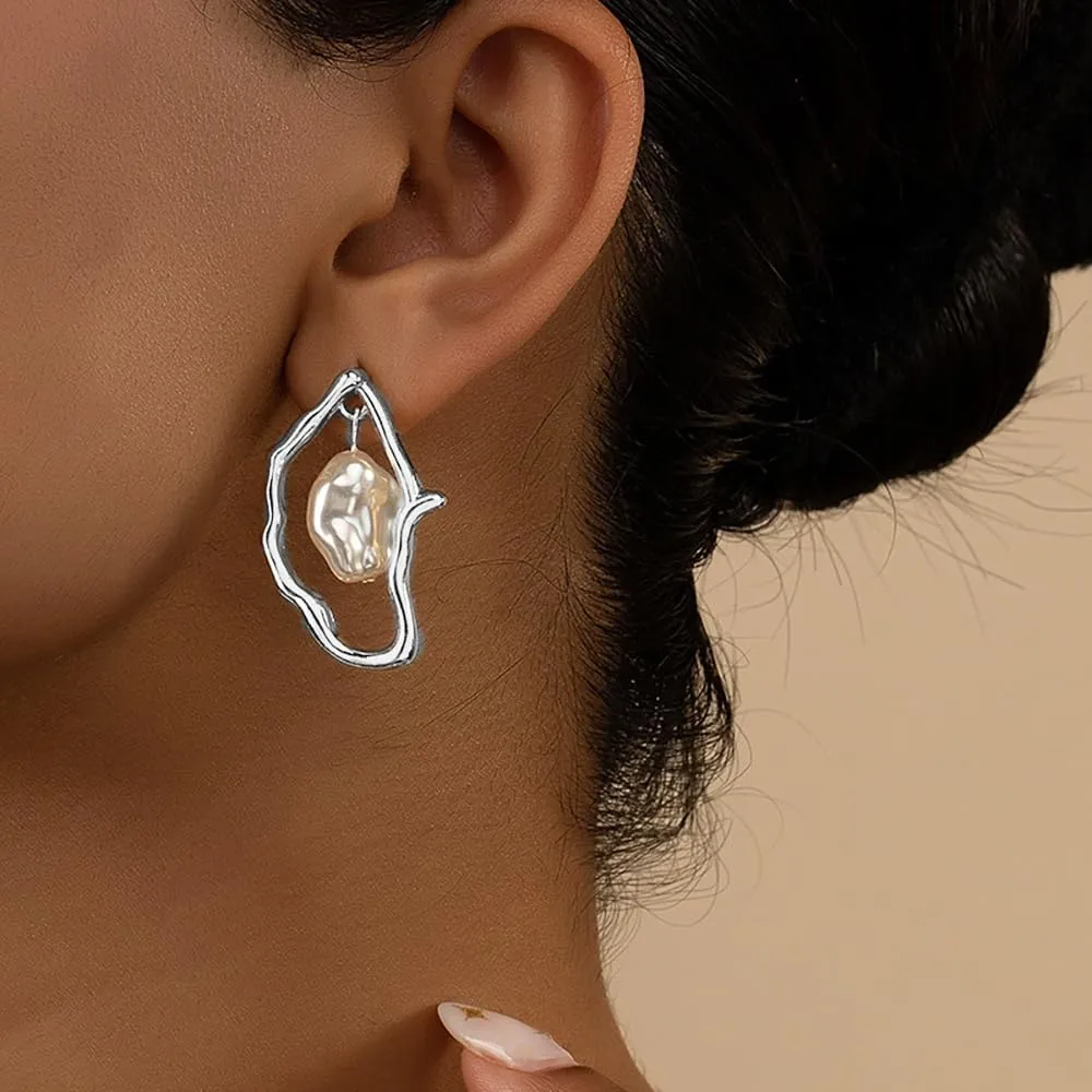 Baroque Pearl Dangle Earrings for Women,Trendy Gold Irregular Drop Stud Earrings,Retro Exaggerated Silver Hypoallergenic Earring