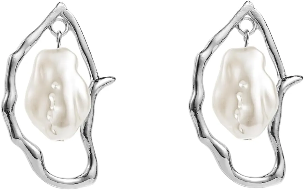 Baroque Pearl Dangle Earrings for Women,Trendy Gold Irregular Drop Stud Earrings,Retro Exaggerated Silver Hypoallergenic Earring