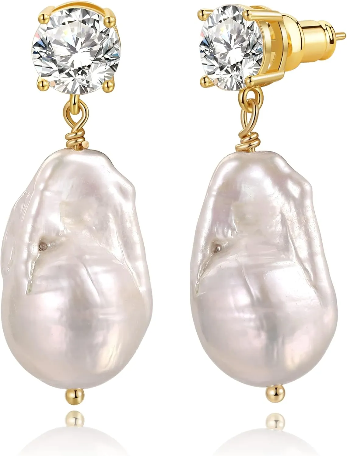 Baroque Pearl Drop Earrings Big Pearl Dangle Freshwater Cultured Pearls 14K/16K Real Gold Plated CZ Stud Teardrop Shaped Pearl Earrings for Women Wedding Christmas Gifts