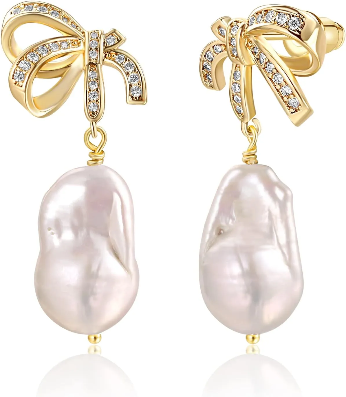 Baroque Pearl Drop Earrings Big Pearl Dangle Freshwater Cultured Pearls 14K/16K Real Gold Plated CZ Stud Teardrop Shaped Pearl Earrings for Women Wedding Christmas Gifts