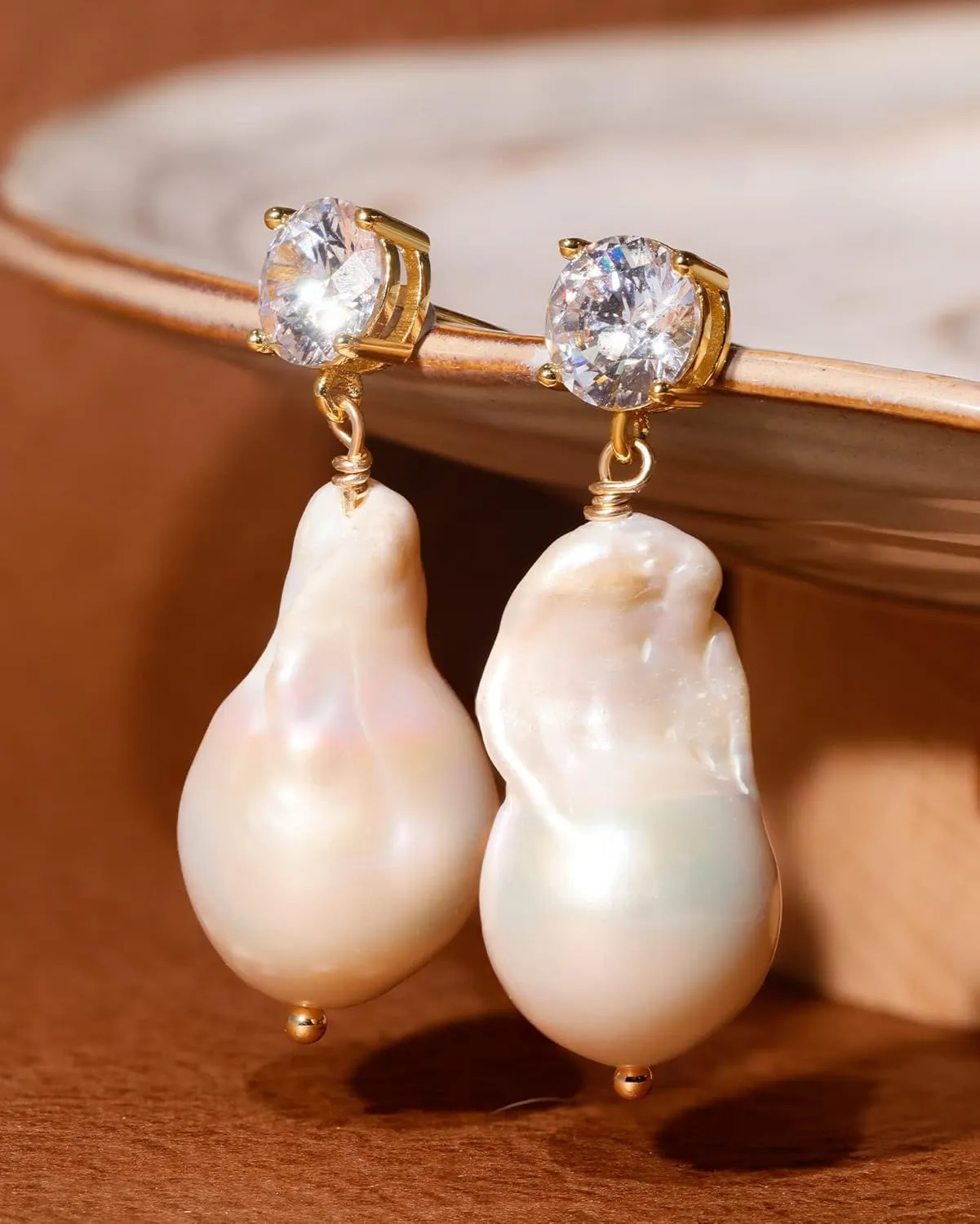 Baroque Pearl Drop Earrings Big Pearl Dangle Freshwater Cultured Pearls 14K/16K Real Gold Plated CZ Stud Teardrop Shaped Pearl Earrings for Women Wedding Christmas Gifts