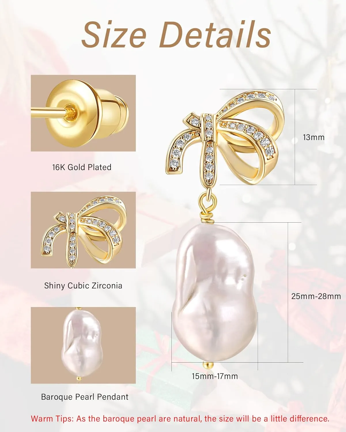 Baroque Pearl Drop Earrings Big Pearl Dangle Freshwater Cultured Pearls 14K/16K Real Gold Plated CZ Stud Teardrop Shaped Pearl Earrings for Women Wedding Christmas Gifts