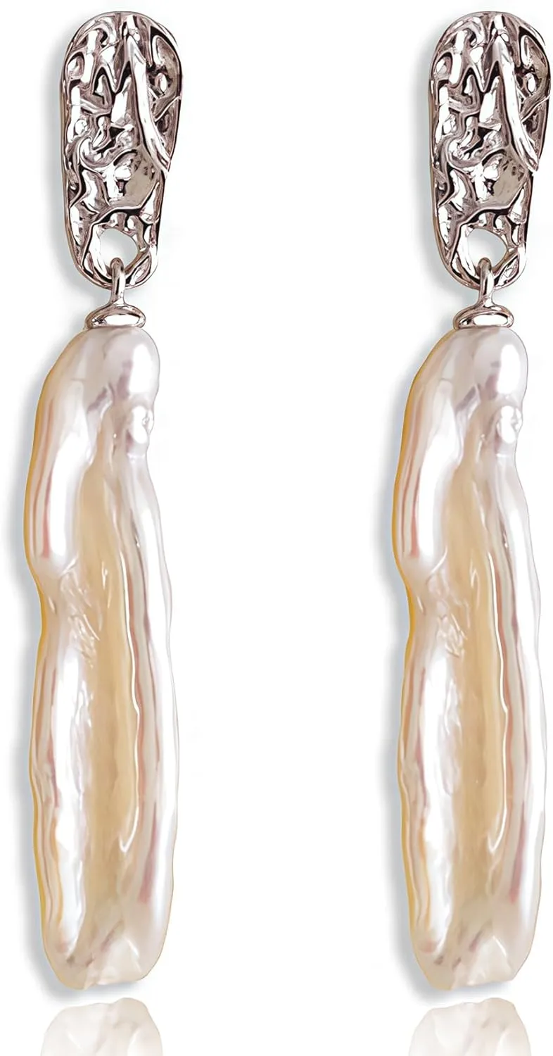 Baroque Pearl Drop Earrings,18K or White Gold Plated Sterling Silver Pearl Earrings, 18K or White Gold Pearl Statement Earrings for Women with Exquisite Handmade Packaging,Freshwater Pearl Drop Earrings Suitable for Weddings,Birthday Gift