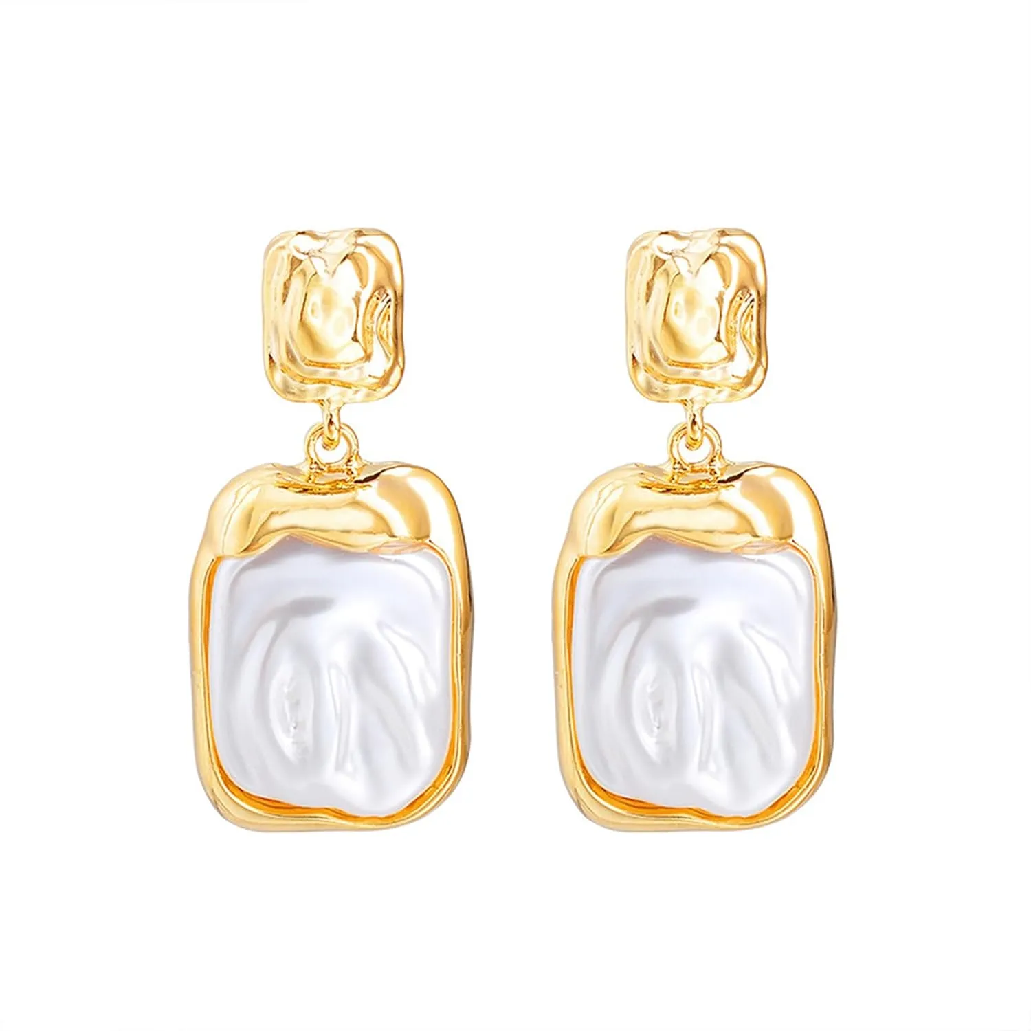 Baroque Pearls Drop Dangle Earrings for Women, Irregular 14K Gold Hammered Pearls Statement Earrings Trendy Aesthetic Prom Ear Jewelry for Anniversary