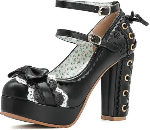 bbruriy Women Platform High Chunky Block Heels Mary Janes Shoes Ladies Fashion Double Ankle Strap Dress Comfort Lolita Pumps with Bow