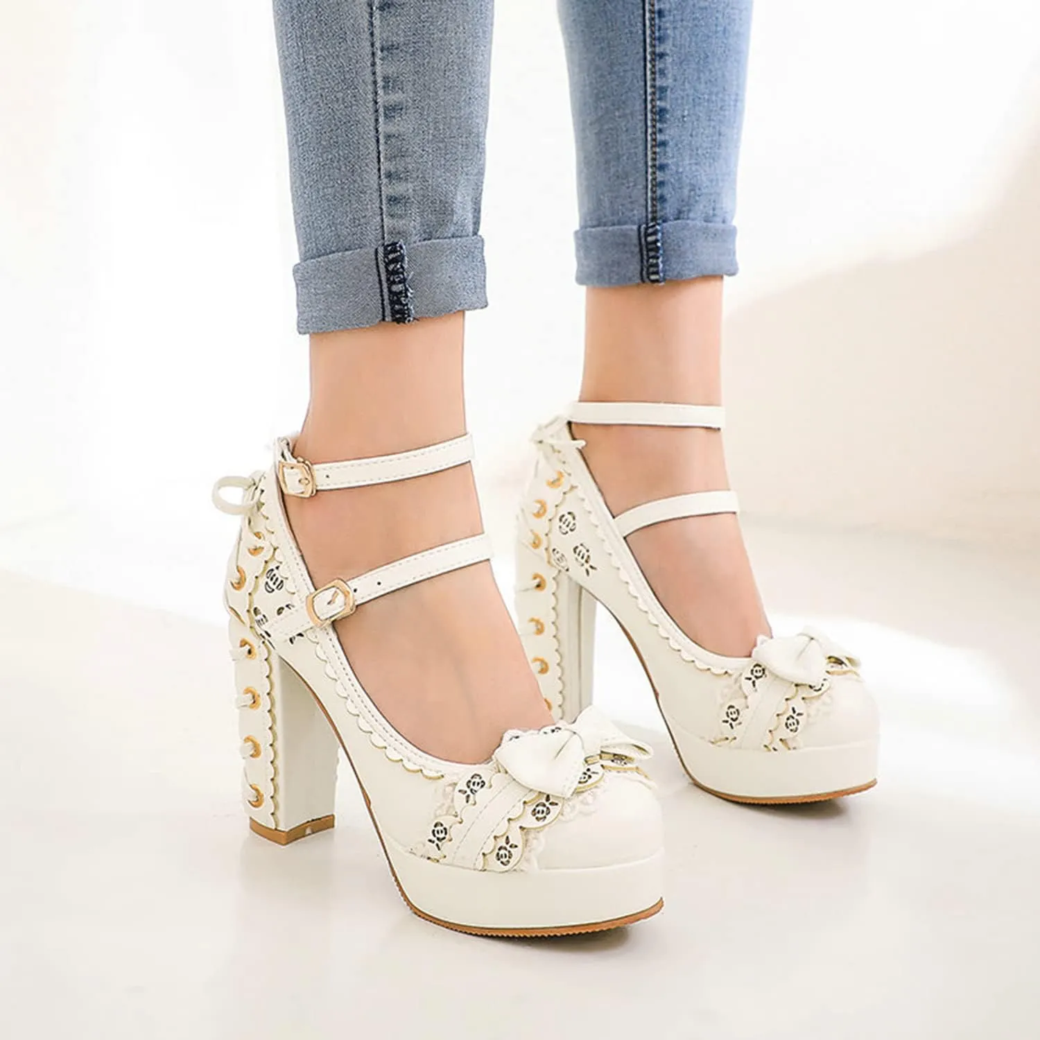 bbruriy Women Platform High Chunky Block Heels Mary Janes Shoes Ladies Fashion Double Ankle Strap Dress Comfort Lolita Pumps with Bow