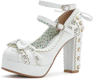 bbruriy Women Platform High Chunky Block Heels Mary Janes Shoes Ladies Fashion Double Ankle Strap Dress Comfort Lolita Pumps with Bow