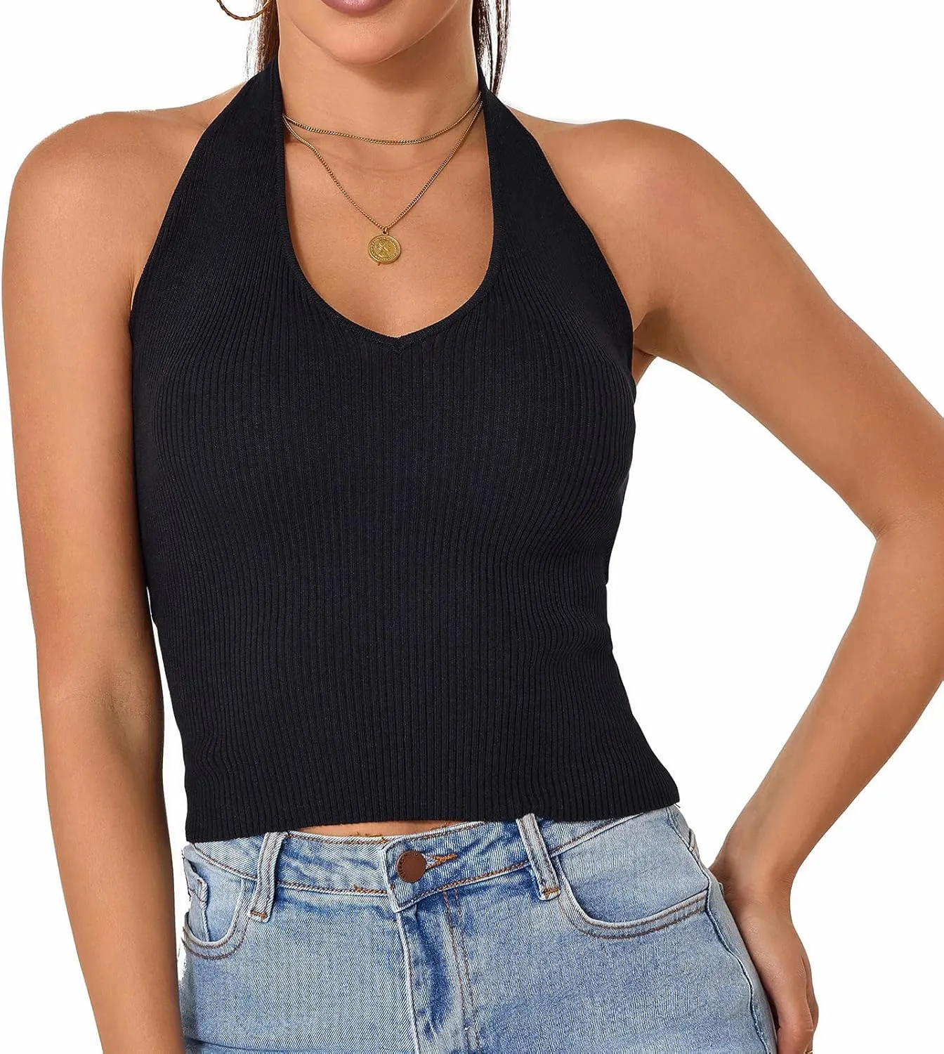 Betu Women Halter Tank Top Ribbed Knit Sleeveless Fitted Crop Camisole Basic Cami Shirts