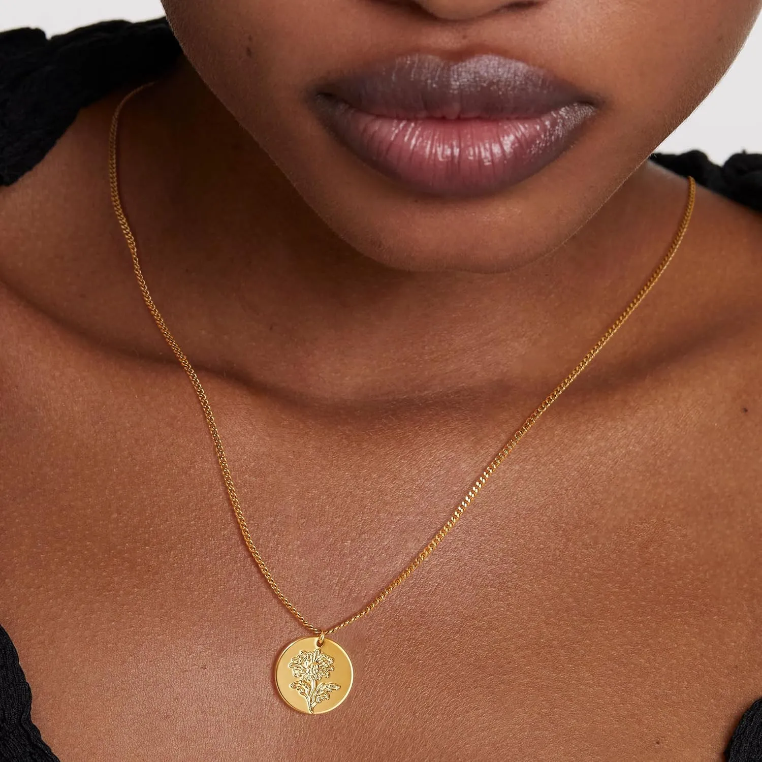 Birth Flower Necklace 18K Gold Plated Necklaces for Women Disc Cuban Birthday Gold Jewelry Gifts for Women 12 Month