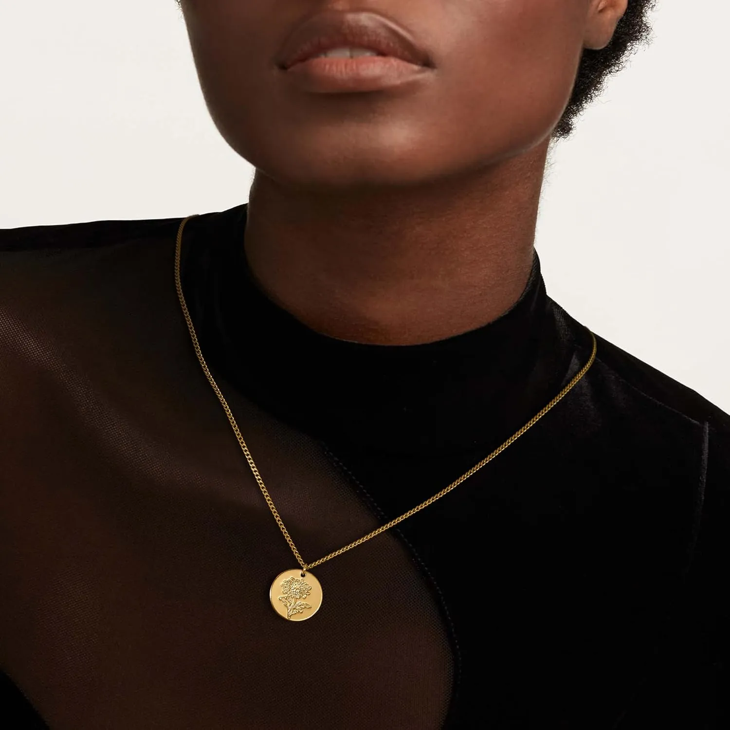 Birth Flower Necklace 18K Gold Plated Necklaces for Women Disc Cuban Birthday Gold Jewelry Gifts for Women 12 Month