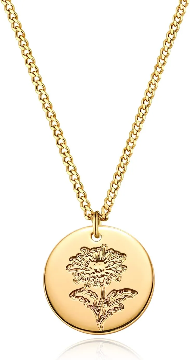Birth Flower Necklace 18K Gold Plated Necklaces for Women Disc Cuban Birthday Gold Jewelry Gifts for Women 12 Month