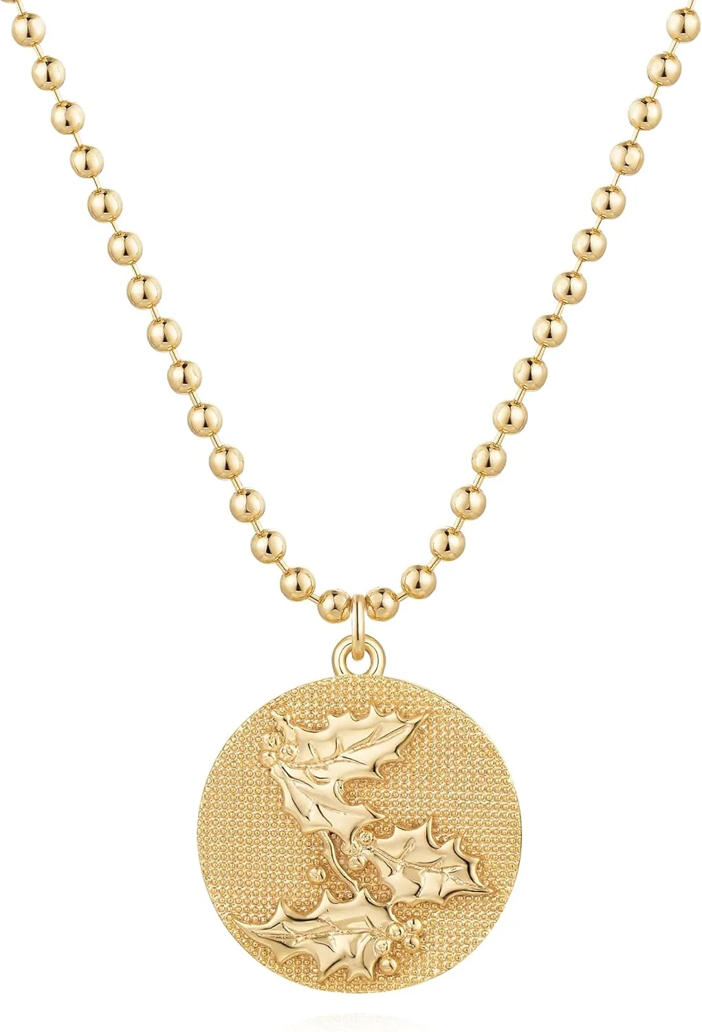 Birth Flower Necklace for Women 14K Gold Plated CZ Butterfly Embossed Disc Pendant Coin Necklace Floral Jewelry Birthday Gifts 12 Month