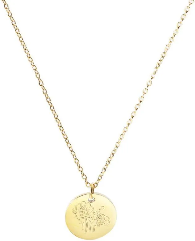 Birth Flower Necklace for Women 18k Gold Engraved Custom Floral Pendant Necklaces Dainty Birth Month Flower Disc Charm Hand Stamped Flower Disk Necklace Personalized Jewelry Birthday Gift for Her 12 Month
