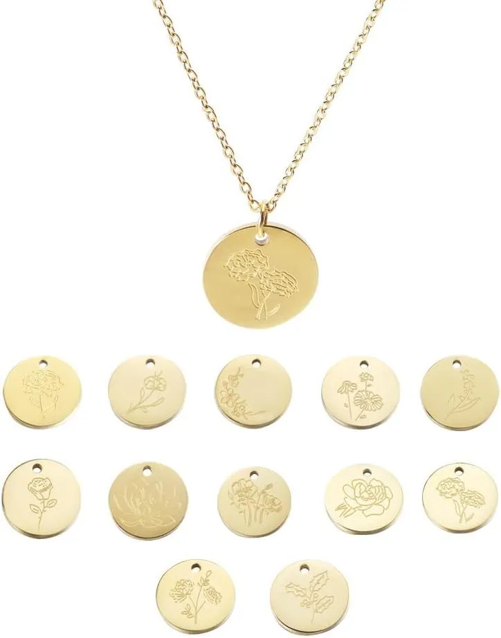 Birth Flower Necklace for Women 18k Gold Engraved Custom Floral Pendant Necklaces Dainty Birth Month Flower Disc Charm Hand Stamped Flower Disk Necklace Personalized Jewelry Birthday Gift for Her 12 Month
