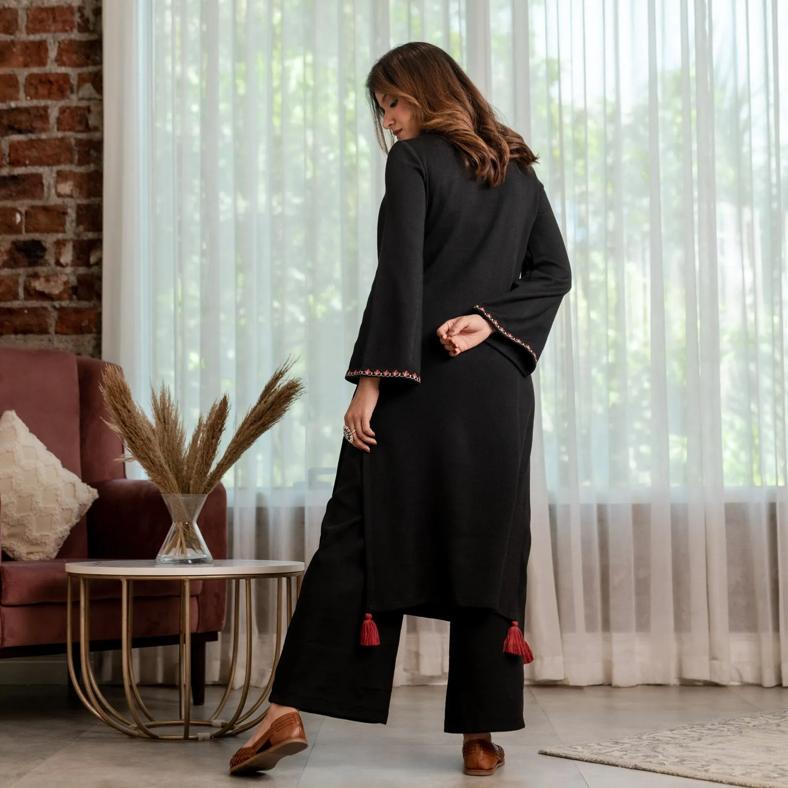 Black Acrylic High Slit Kurta with Tassel Detailing