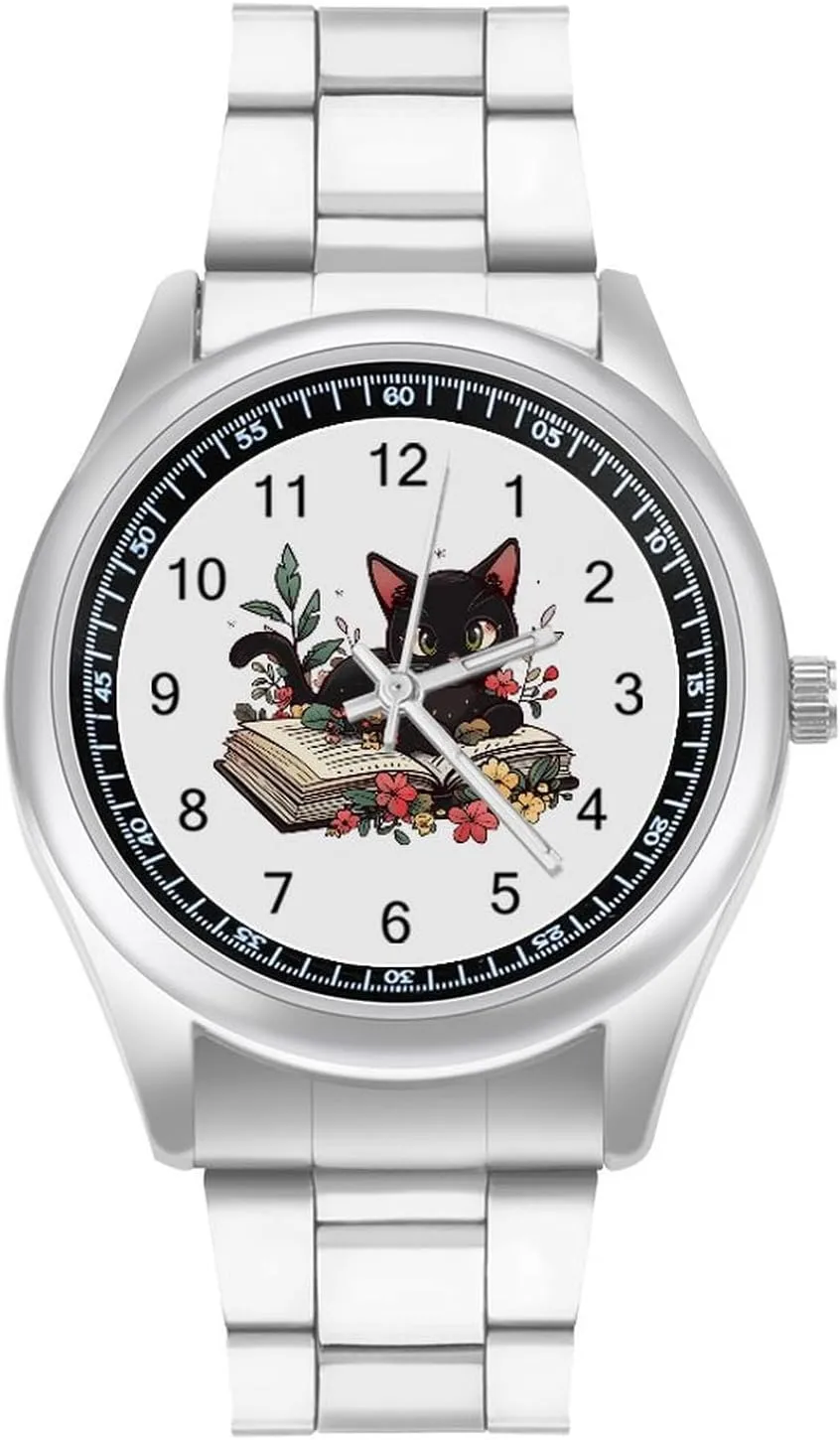 Black Cat Book Watches Stainless Steel Band Wristwatch Business Dress Watch for Work Home