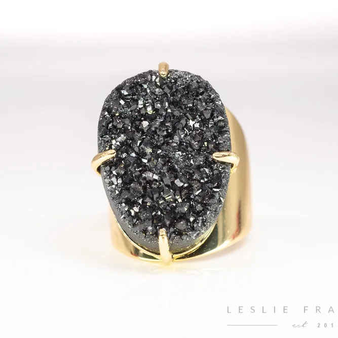 Black Druzy Gem Cuff Ring