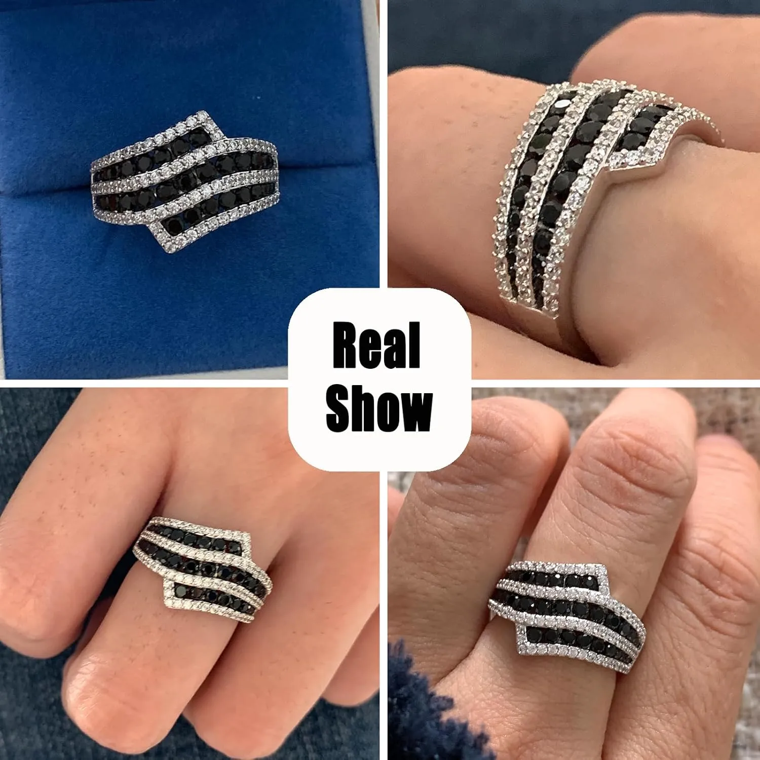 Black Gem Stone Wedding Bands for Women 925 Sterling Silver Eternity Stacking Rings AAAAA Cubic Zirconia Size 5-10