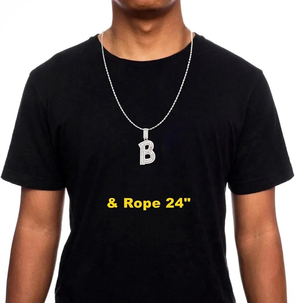 Bling Silver Gold Iced Out Baguette Initial Letter Necklaces for Men Women Big Cz Diamond Capital Letter Pendant A-Z with Rope Tennis Chains