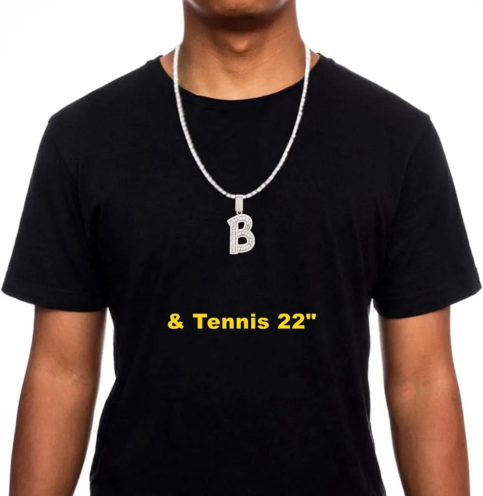 Bling Silver Gold Iced Out Baguette Initial Letter Necklaces for Men Women Big Cz Diamond Capital Letter Pendant A-Z with Rope Tennis Chains