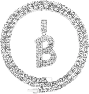 Bling Silver Gold Iced Out Baguette Initial Letter Necklaces for Men Women Big Cz Diamond Capital Letter Pendant A-Z with Rope Tennis Chains