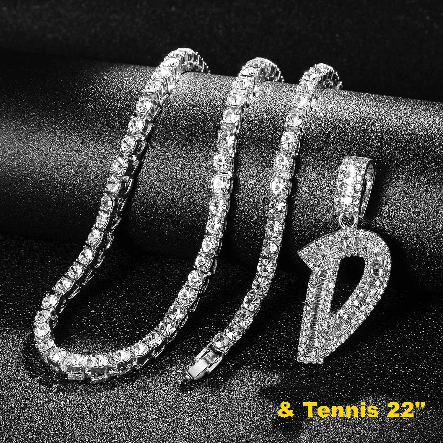 Bling Silver Gold Iced Out Baguette Initial Letter Necklaces for Men Women Big Cz Diamond Capital Letter Pendant A-Z with Rope Tennis Chains