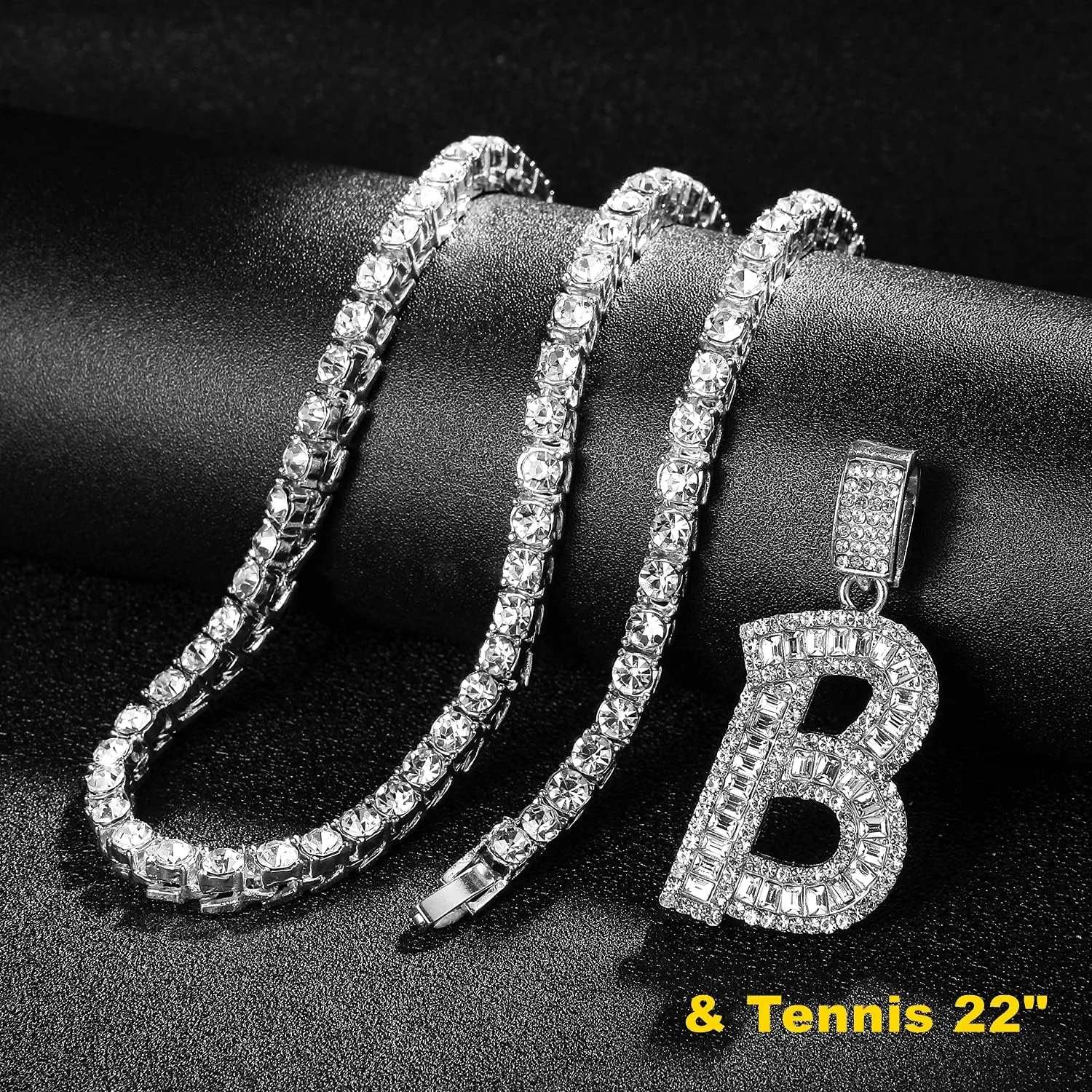Bling Silver Gold Iced Out Baguette Initial Letter Necklaces for Men Women Big Cz Diamond Capital Letter Pendant A-Z with Rope Tennis Chains