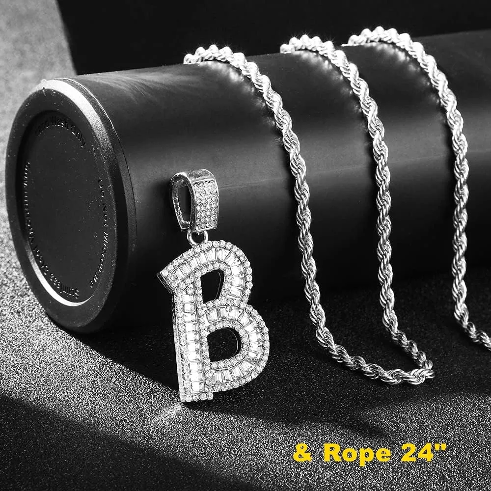 Bling Silver Gold Iced Out Baguette Initial Letter Necklaces for Men Women Big Cz Diamond Capital Letter Pendant A-Z with Rope Tennis Chains