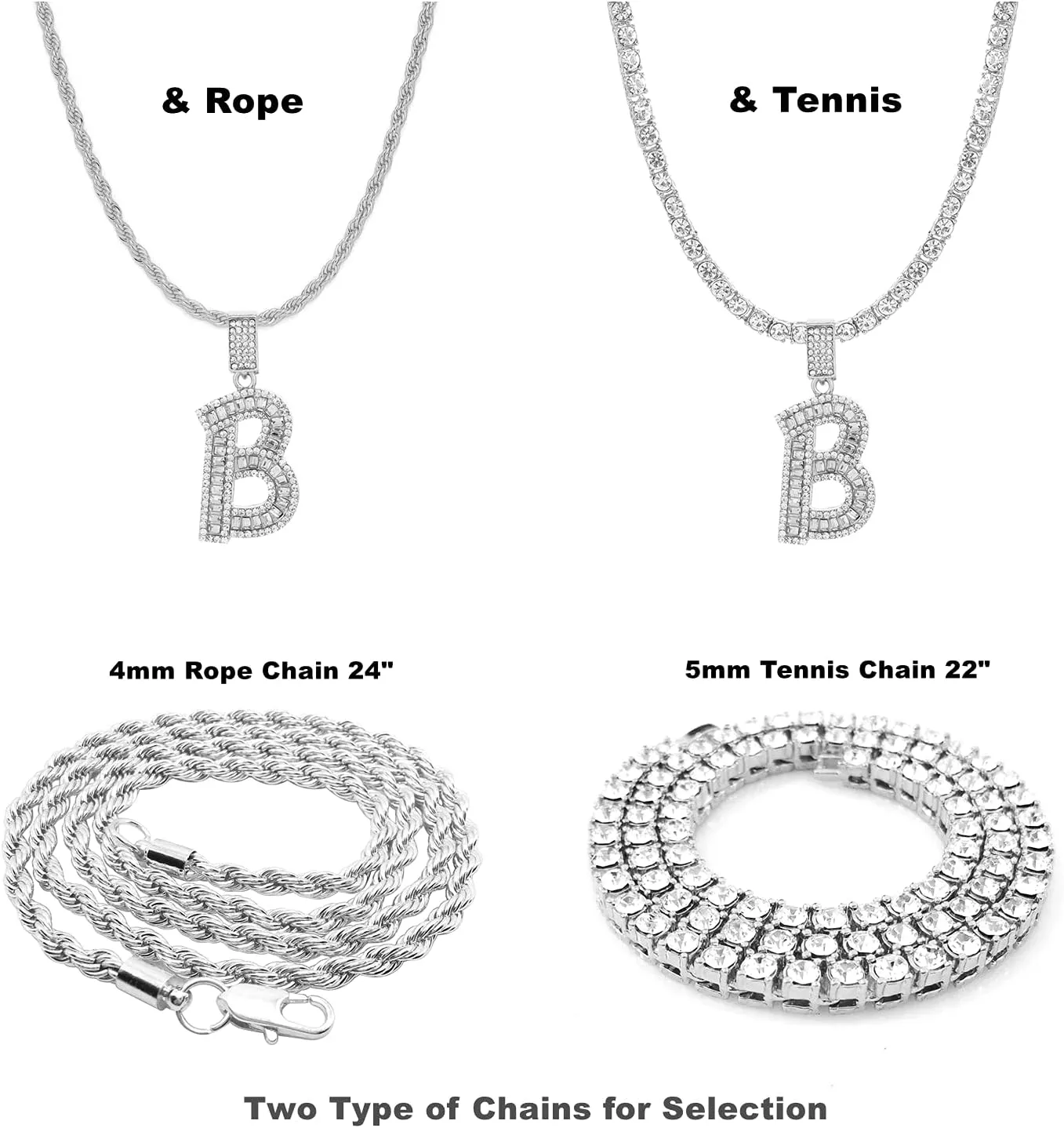 Bling Silver Gold Iced Out Baguette Initial Letter Necklaces for Men Women Big Cz Diamond Capital Letter Pendant A-Z with Rope Tennis Chains